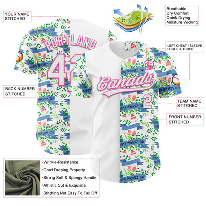 Custom White Pink 3D Pattern Design Mother's Day Flower Authentic Baseball Jersey - Sky-Custom
