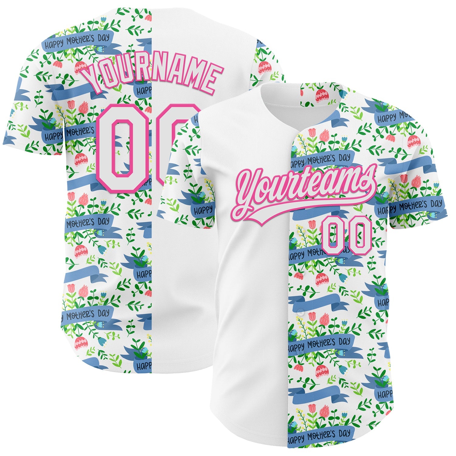 Custom White Pink 3D Pattern Design Mother's Day Flower Authentic Baseball Jersey - Sky-Custom