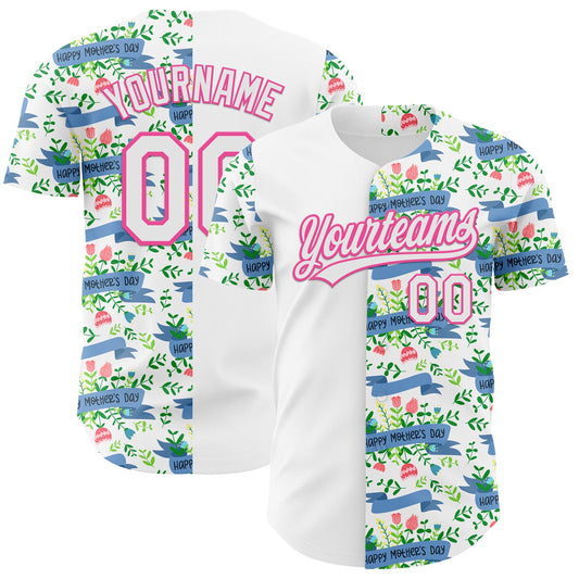 Custom White Pink 3D Pattern Design Mother's Day Flower Authentic Baseball Jersey - Sky-Custom
