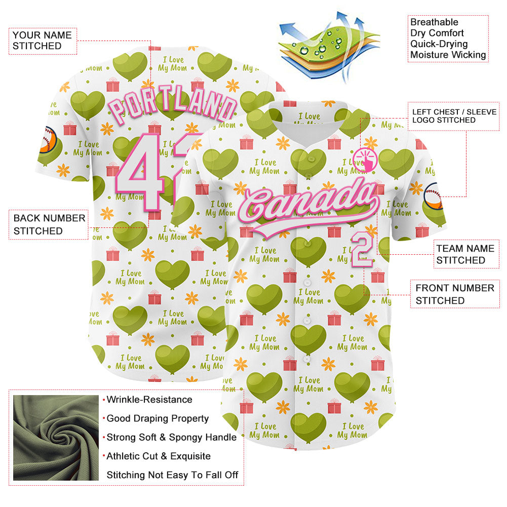 Custom White Pink 3D Pattern Design Mother's Day Love Authentic Baseball Jersey - Sky-Custom