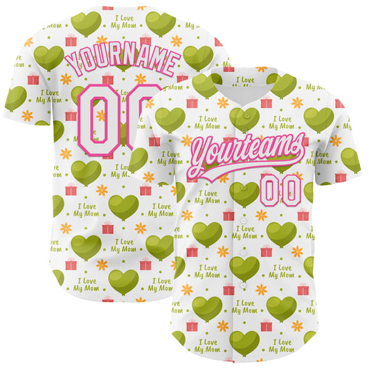 Custom White Pink 3D Pattern Design Mother's Day Love Authentic Baseball Jersey - Sky-Custom
