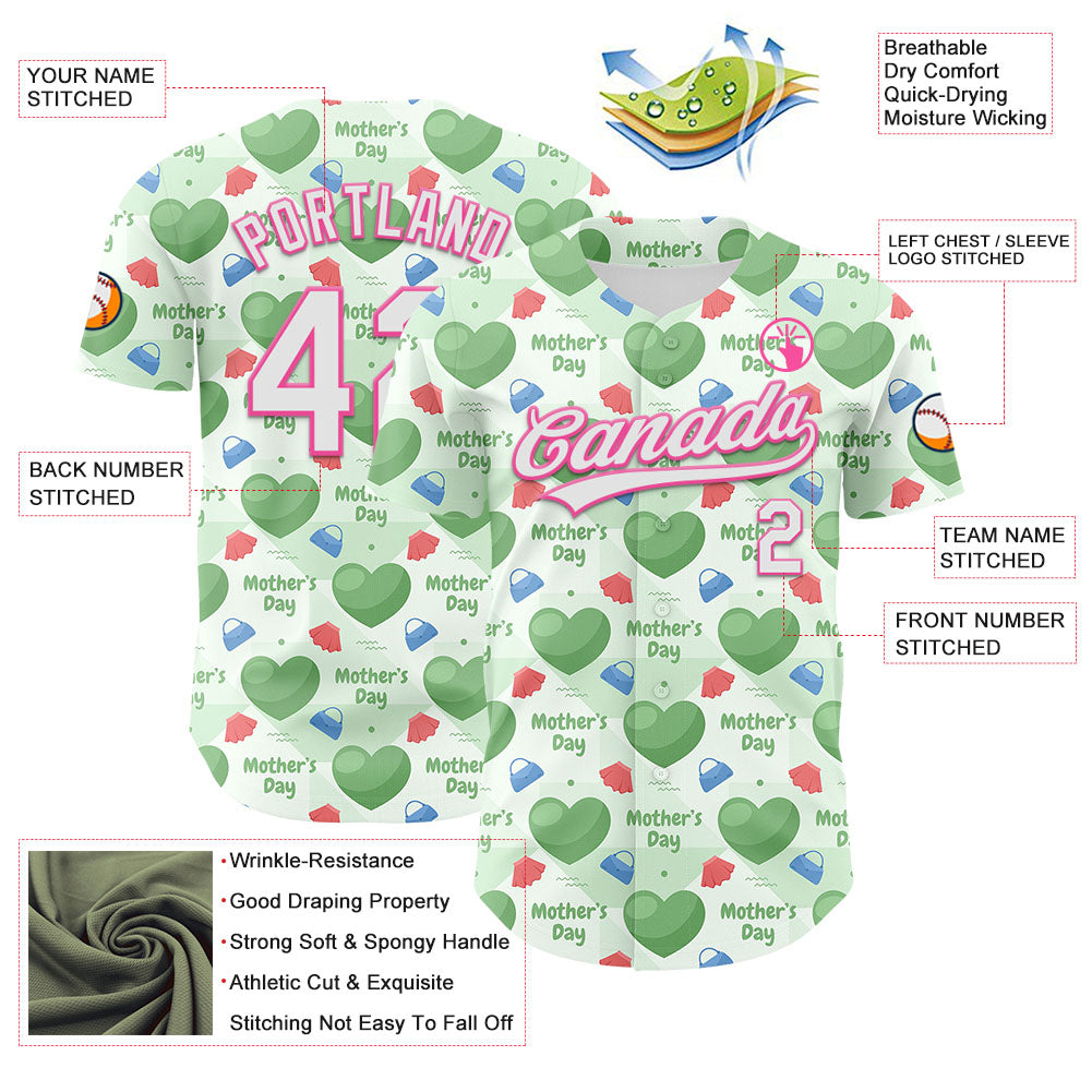 Custom Green White-Pink 3D Pattern Design Mother's Day Love Authentic Baseball Jersey - Sky-Custom