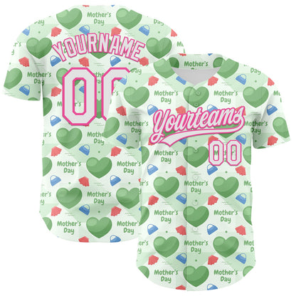 Custom Green White-Pink 3D Pattern Design Mother's Day Love Authentic Baseball Jersey - Sky-Custom