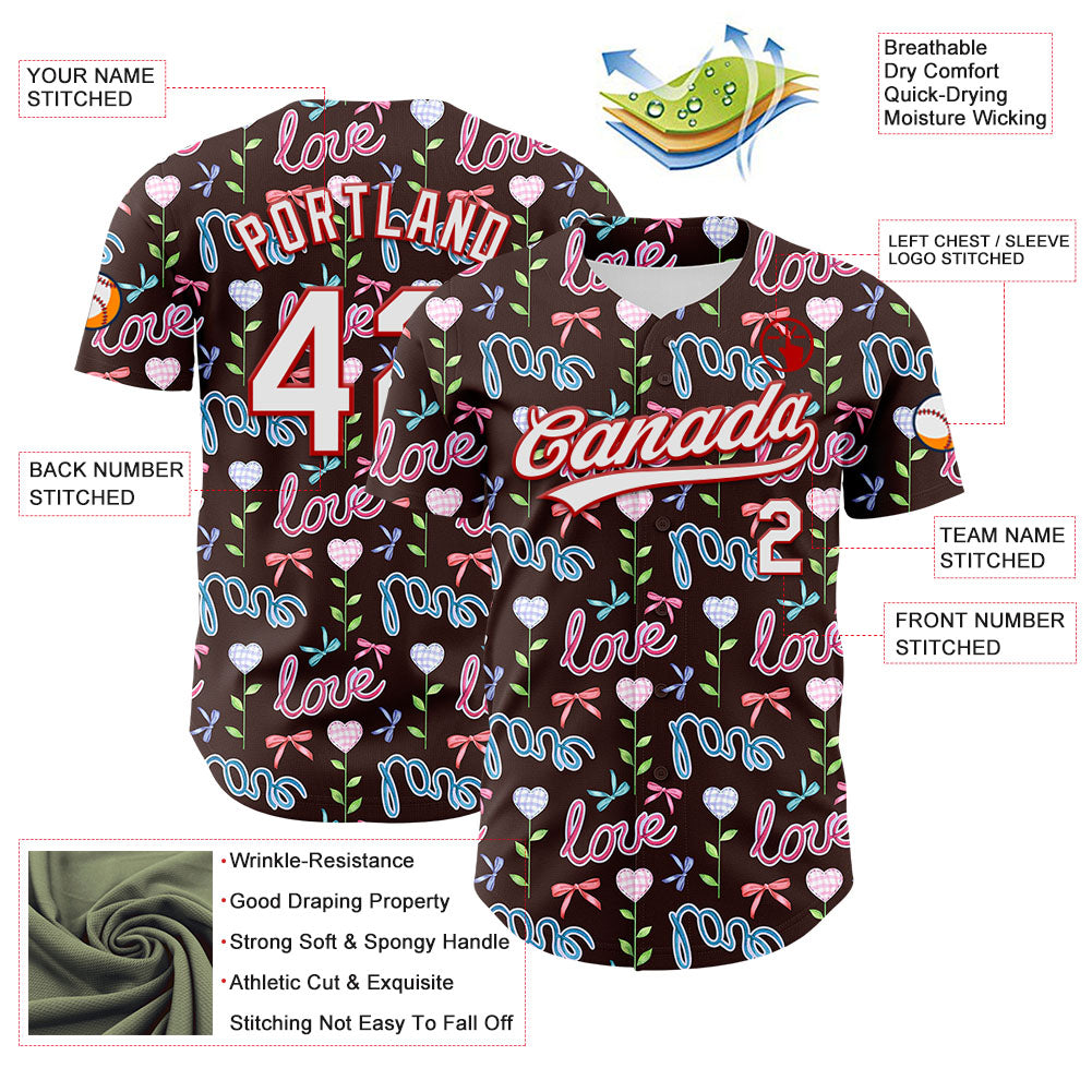 Custom Brown White-Red 3D Pattern Design Mother's Day Love Authentic Baseball Jersey - Sky-Custom