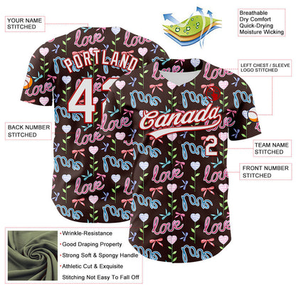 Custom Brown White-Red 3D Pattern Design Mother's Day Love Authentic Baseball Jersey - Sky-Custom