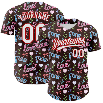 Custom Brown White-Red 3D Pattern Design Mother's Day Love Authentic Baseball Jersey - Sky-Custom