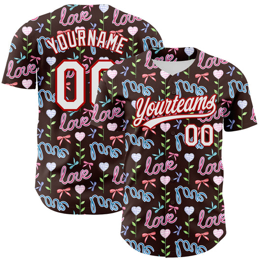 Custom Brown White-Red 3D Pattern Design Mother's Day Love Authentic Baseball Jersey - Sky-Custom