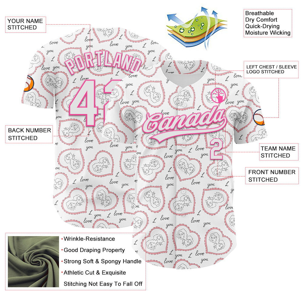 Custom White Pink 3D Pattern Design Mother's Day Love Authentic Baseball Jersey - Sky-Custom
