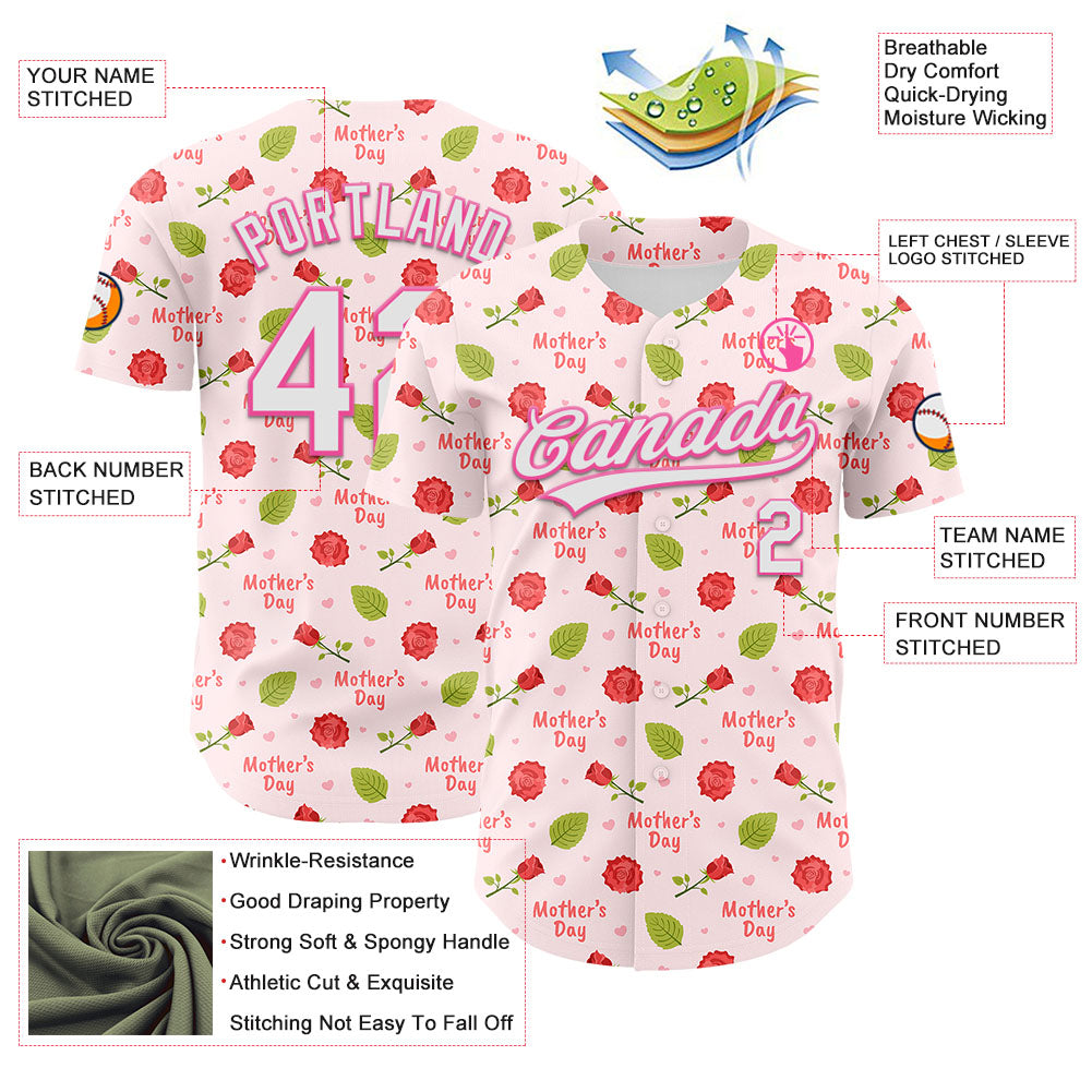 Custom Light Pink White-Pink 3D Pattern Design Mother's Day Flower Authentic Baseball Jersey - Sky-Custom
