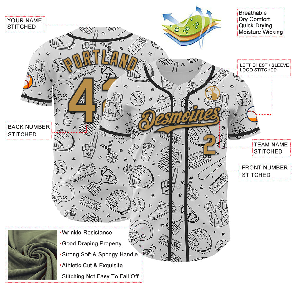 Custom White Old Gold-Black Comic Doodle Ballgame 3D Pattern Design Authentic Baseball Jersey - Sky-Custom