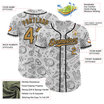 Custom White Old Gold-Black Comic Doodle Ballgame 3D Pattern Design Authentic Baseball Jersey - Sky-Custom