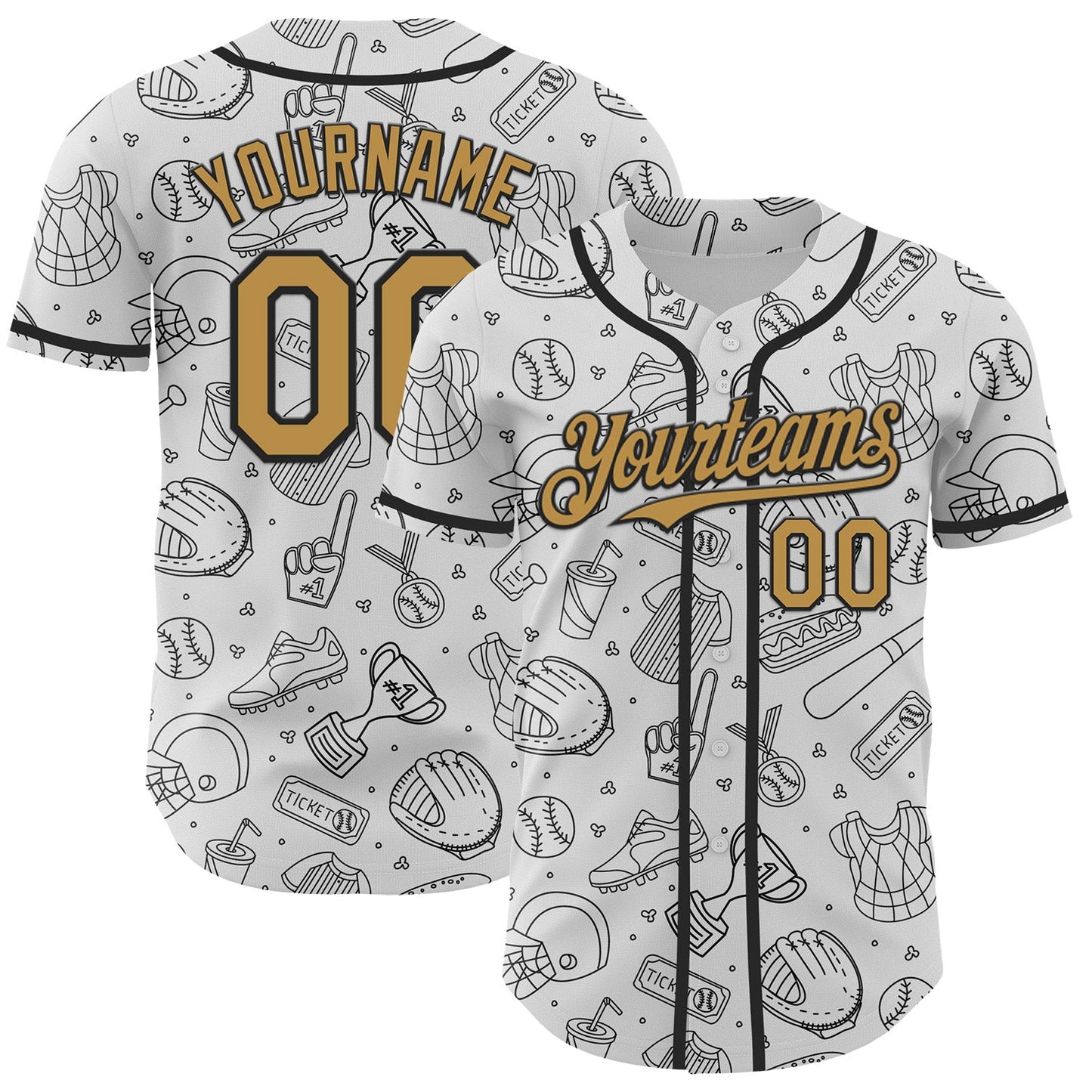 Custom White Old Gold-Black Comic Doodle Ballgame 3D Pattern Design Authentic Baseball Jersey - Sky-Custom