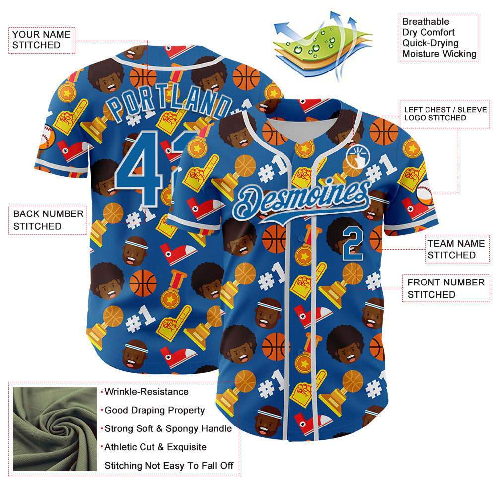 Custom Blue White Comic Doodle Ballgame 3D Pattern Design Authentic Baseball Jersey - Sky-Custom