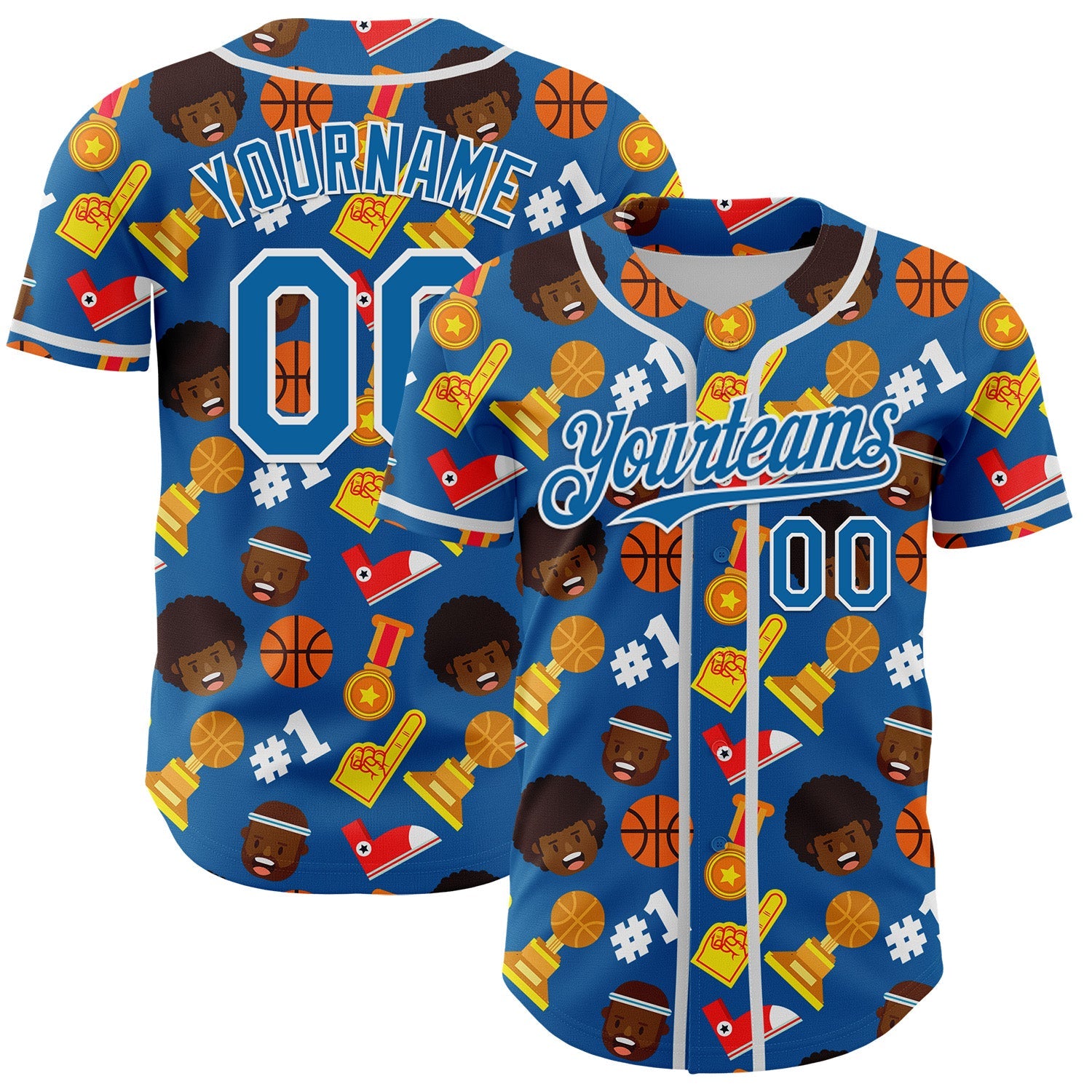 Custom Blue White Comic Doodle Ballgame 3D Pattern Design Authentic Baseball Jersey - Sky-Custom