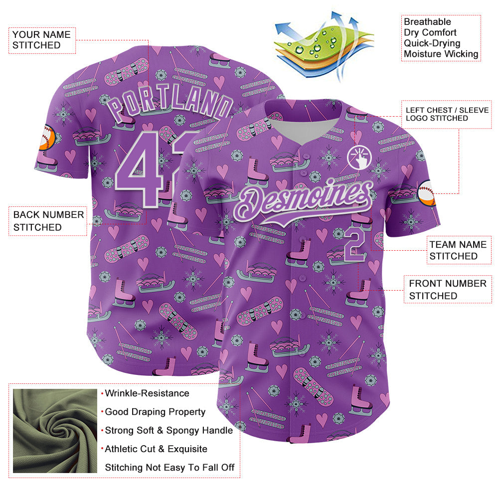 Custom Medium Purple White Comic Doodle Ballgame 3D Pattern Design Authentic Baseball Jersey - Sky-Custom