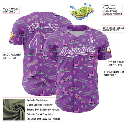 Custom Medium Purple White Comic Doodle Ballgame 3D Pattern Design Authentic Baseball Jersey - Sky-Custom