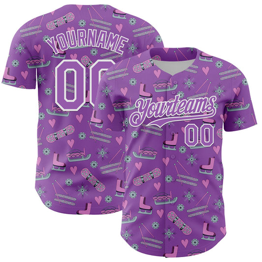 Custom Medium Purple White Comic Doodle Ballgame 3D Pattern Design Authentic Baseball Jersey - Sky-Custom