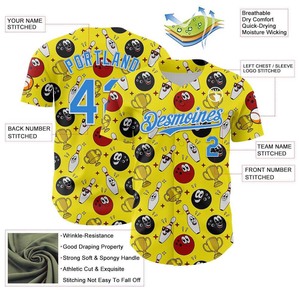 Custom Light Yellow Electric Blue-White Comic Doodle Ballgame 3D Pattern Design Authentic Baseball Jersey - Sky-Custom