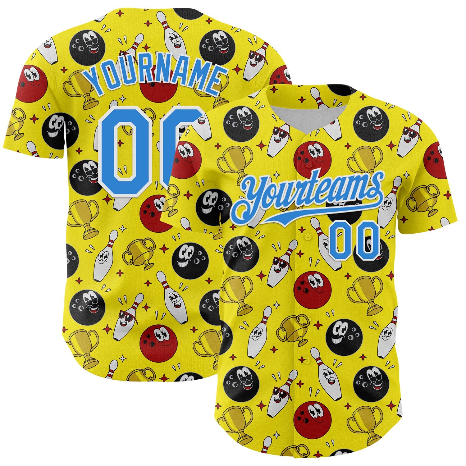 Custom Light Yellow Electric Blue-White Comic Doodle Ballgame 3D Pattern Design Authentic Baseball Jersey - Sky-Custom