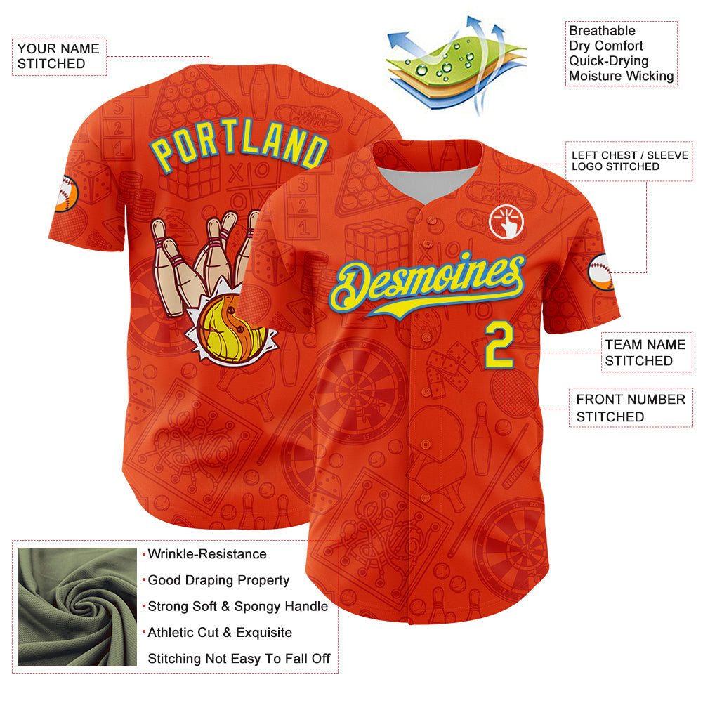 Custom Orange Light Yellow-Electric Blue Comic Doodle Ballgame 3D Pattern Design Authentic Baseball Jersey - Sky-Custom