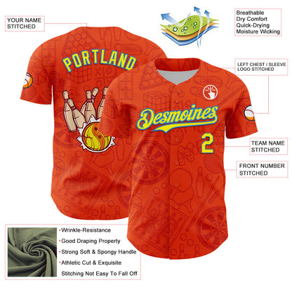 Custom Orange Light Yellow-Electric Blue Comic Doodle Ballgame 3D Pattern Design Authentic Baseball Jersey - Sky-Custom