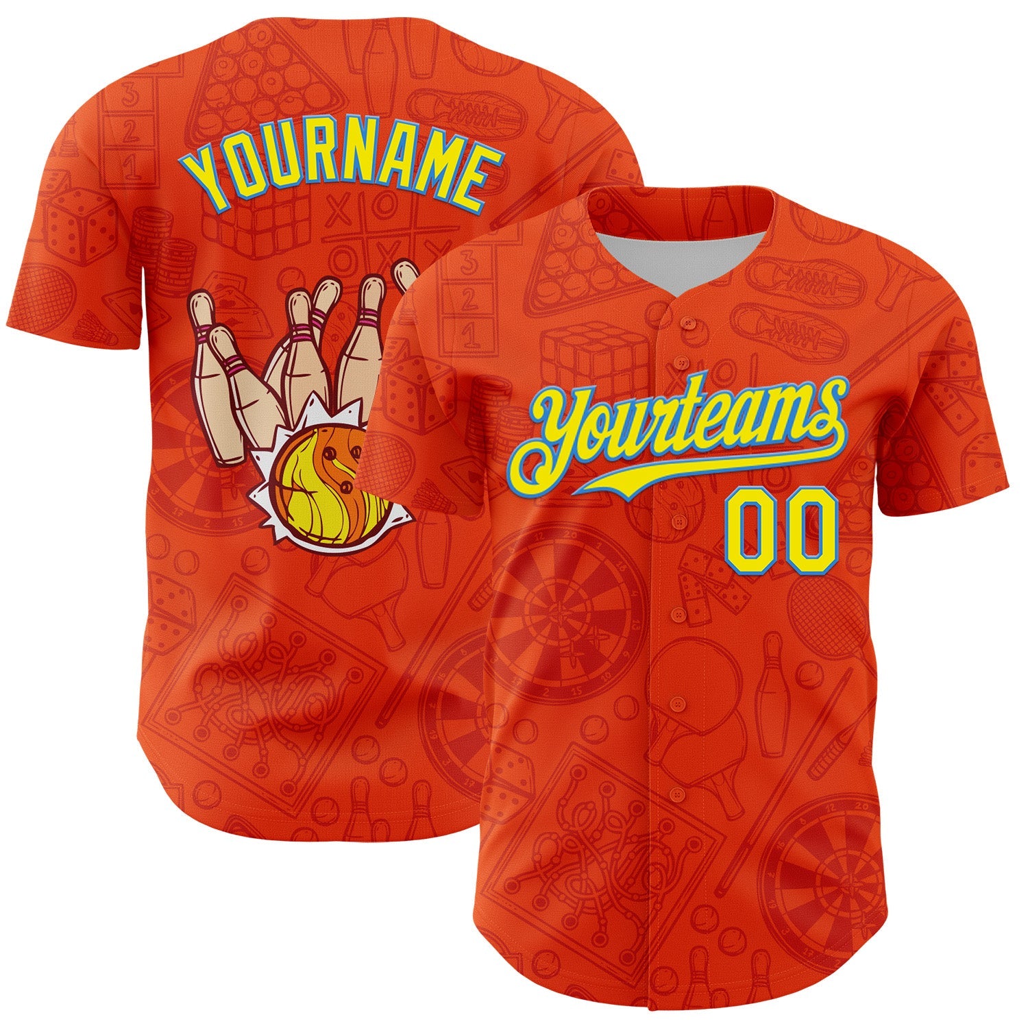 Custom Orange Light Yellow-Electric Blue Comic Doodle Ballgame 3D Pattern Design Authentic Baseball Jersey - Sky-Custom