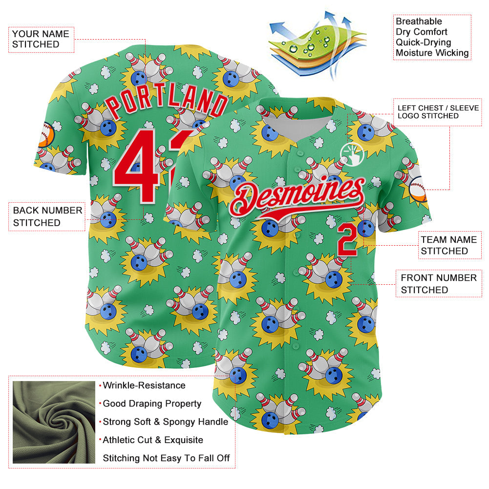 Custom Green Fire Red-White Comic Doodle Ballgame 3D Pattern Design Authentic Baseball Jersey - Sky-Custom