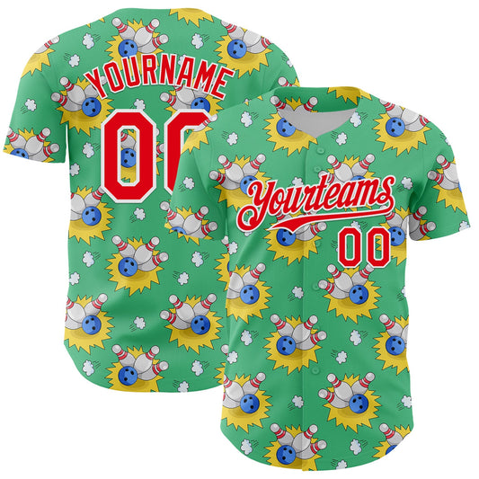 Custom Green Fire Red-White Comic Doodle Ballgame 3D Pattern Design Authentic Baseball Jersey - Sky-Custom