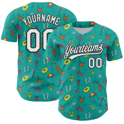 Custom Aqua White-Black 3D Hawaii Tropical Palm Tree And Beach Authentic Baseball Jersey - Sky-Custom
