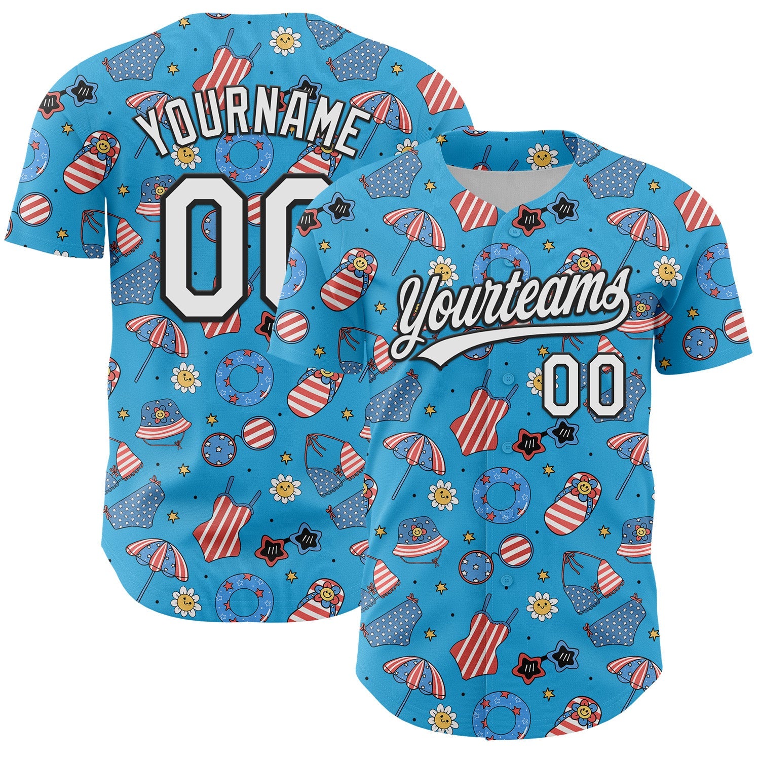 Custom Sky Blue White-Black 3D Hawaii Beach Authentic Baseball Jersey - Sky-Custom