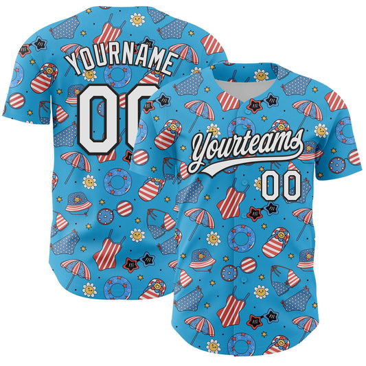 Custom Sky Blue White-Black 3D Hawaii Beach Authentic Baseball Jersey - Sky-Custom