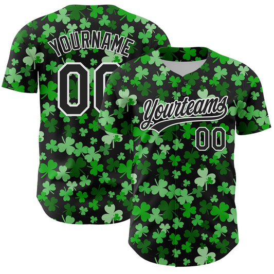 Custom Black White 3D St. Patrick's Day Shamrock Authentic Baseball Jersey - Sky-Custom