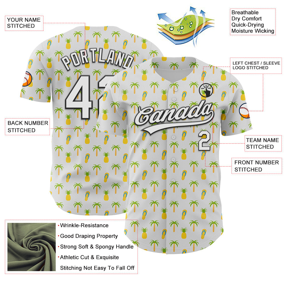 Custom White Black 3D Hawaii Tropical Palm Tree And Fruit Pineapple Authentic Baseball Jersey - Sky-Custom
