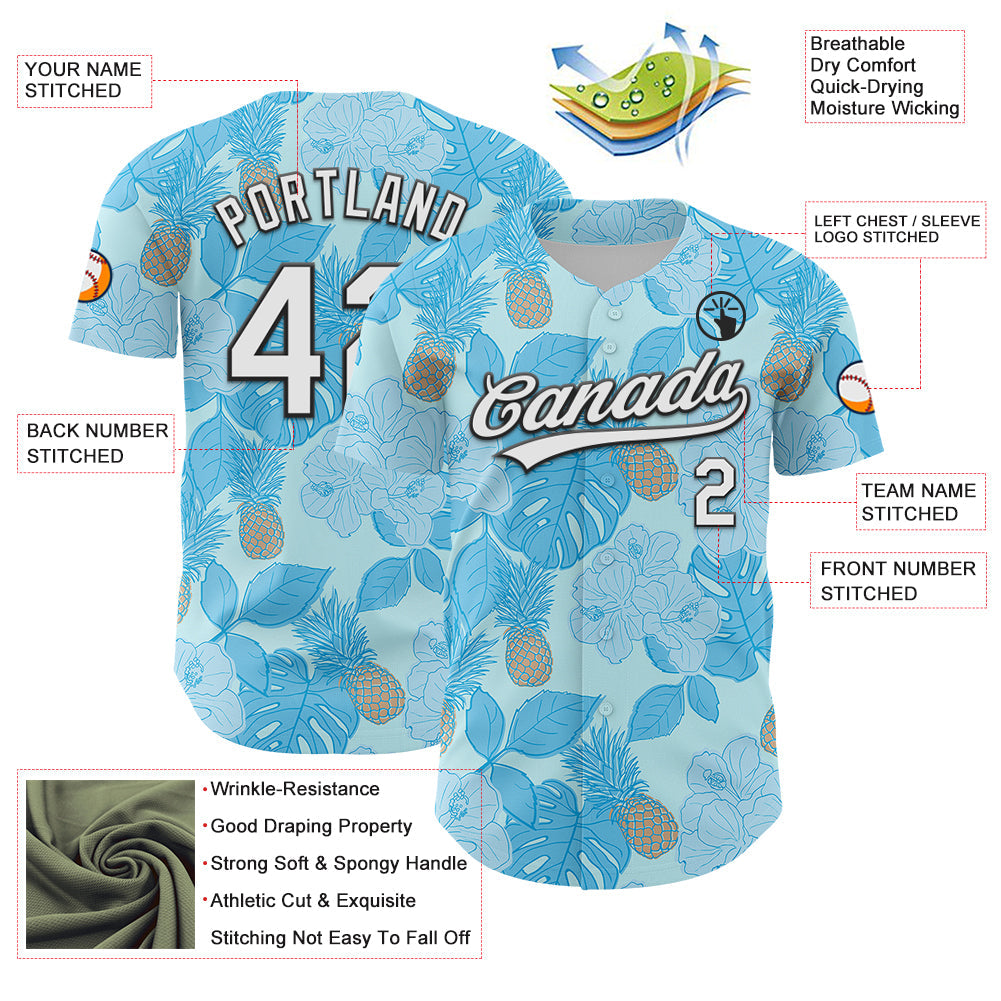 Custom Ice Blue White-Black 3D Hawaii Tropical Palm Leaves And Fruit Pineapple Authentic Baseball Jersey - Sky-Custom