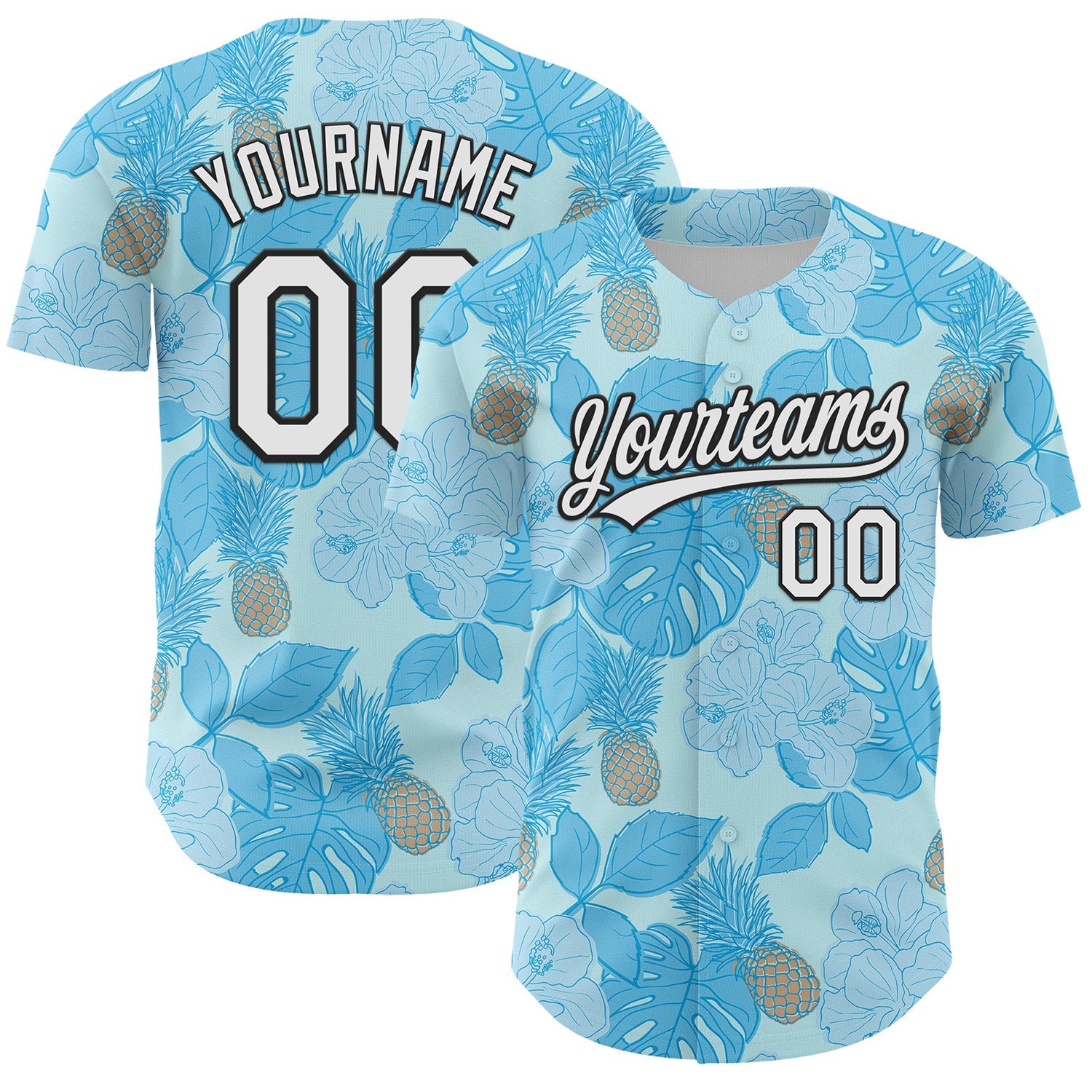 Custom Ice Blue White-Black 3D Hawaii Tropical Palm Leaves And Fruit Pineapple Authentic Baseball Jersey - Sky-Custom