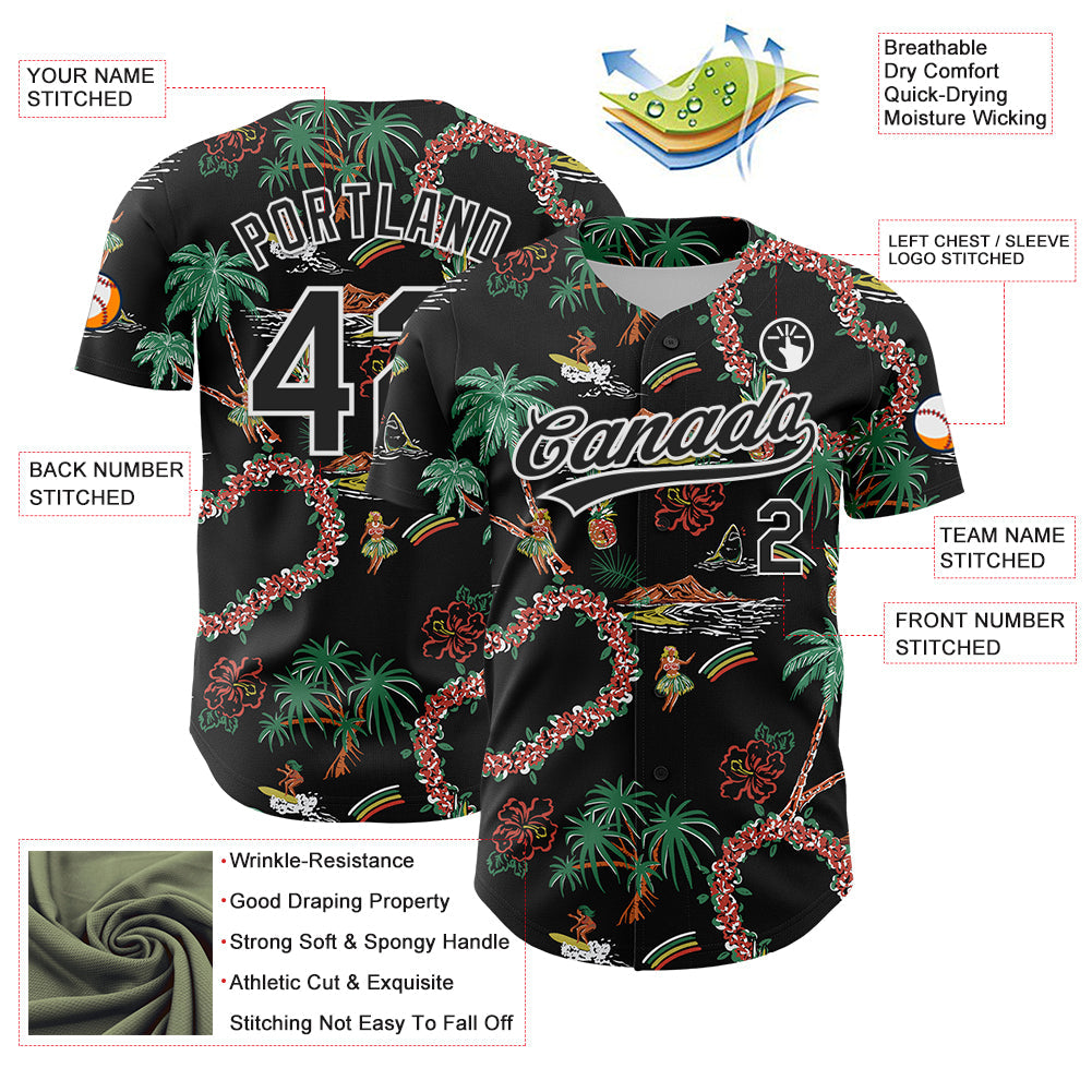 Custom Black White 3D Hawai Island Tropical Palm Tree And Flower Authentic Baseball Jersey - Sky-Custom