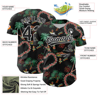 Custom Black White 3D Hawai Island Tropical Palm Tree And Flower Authentic Baseball Jersey - Sky-Custom
