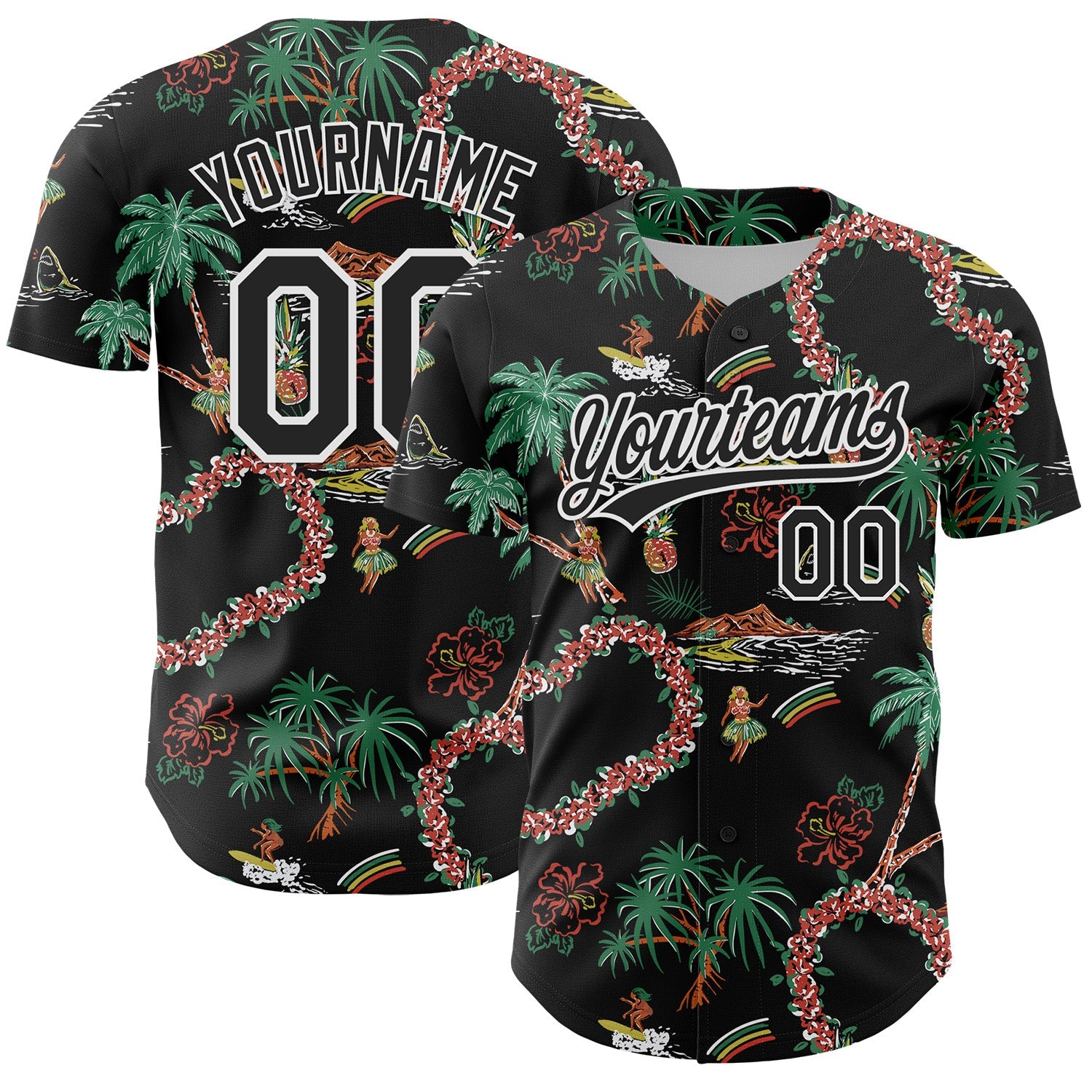 Custom Black White 3D Hawai Island Tropical Palm Tree And Flower Authentic Baseball Jersey - Sky-Custom