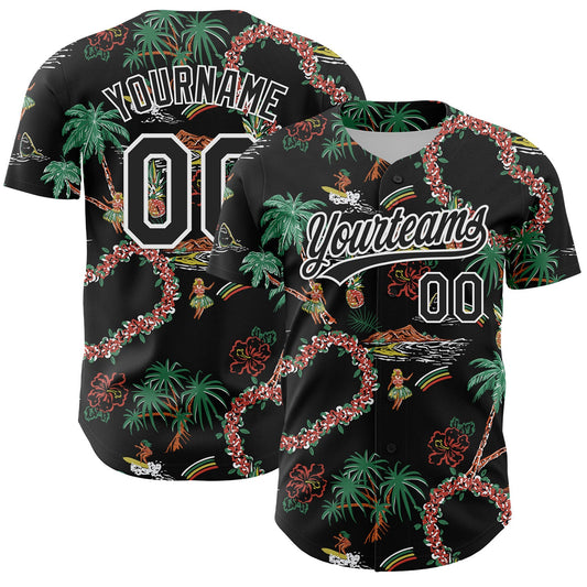 Custom Black White 3D Hawai Island Tropical Palm Tree And Flower Authentic Baseball Jersey - Sky-Custom