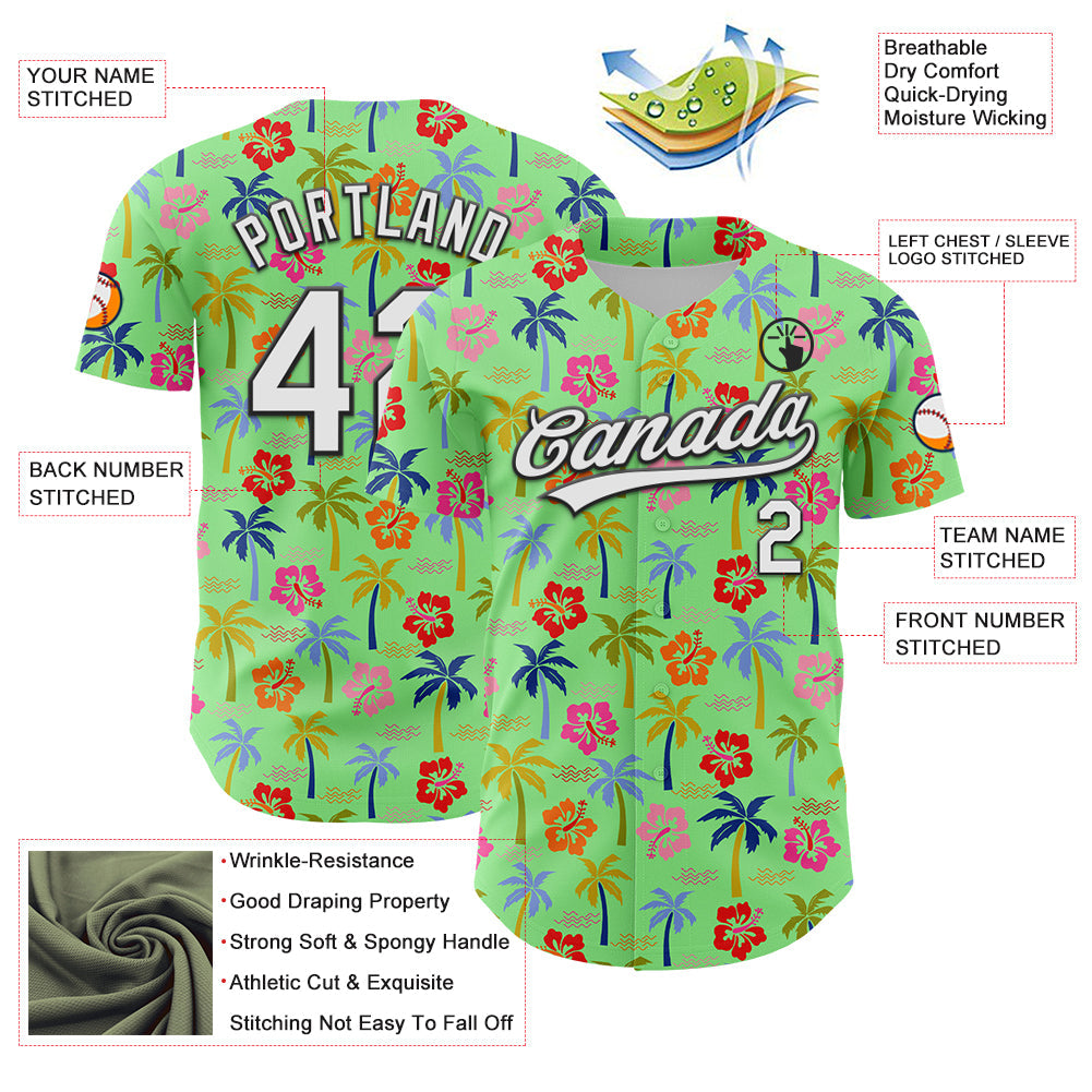 Custom Pea Green White-Black 3D Hawai Tropical Palm Tree And Flower Authentic Baseball Jersey - Sky-Custom