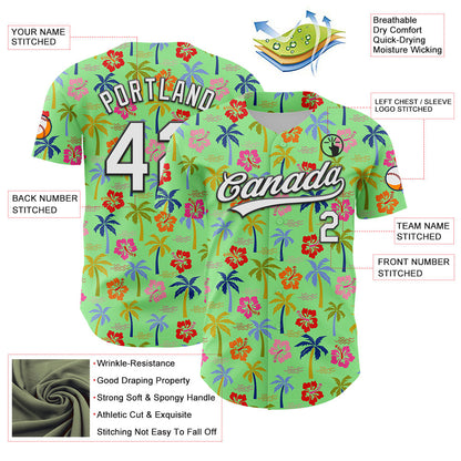 Custom Pea Green White-Black 3D Hawai Tropical Palm Tree And Flower Authentic Baseball Jersey - Sky-Custom