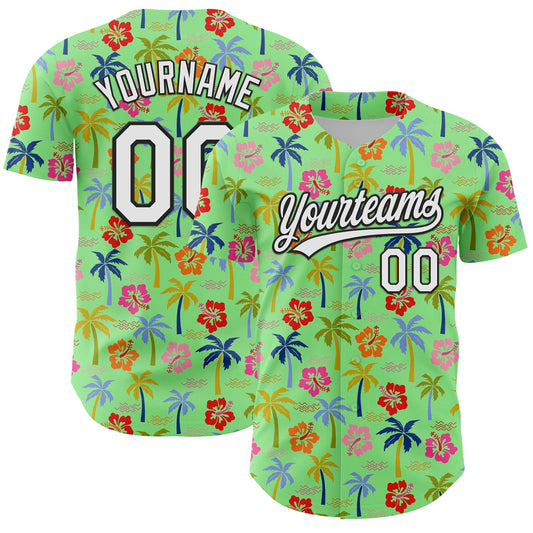 Custom Pea Green White-Black 3D Hawai Tropical Palm Tree And Flower Authentic Baseball Jersey - Sky-Custom