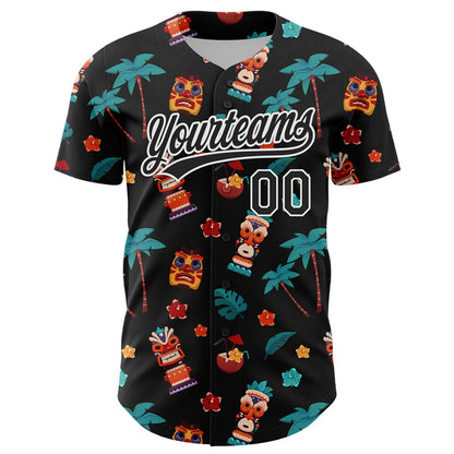 Custom Black White 3D Hawai Tropical Palm Tree Flower And Tiki Mask Authentic Baseball Jersey - Sky-Custom