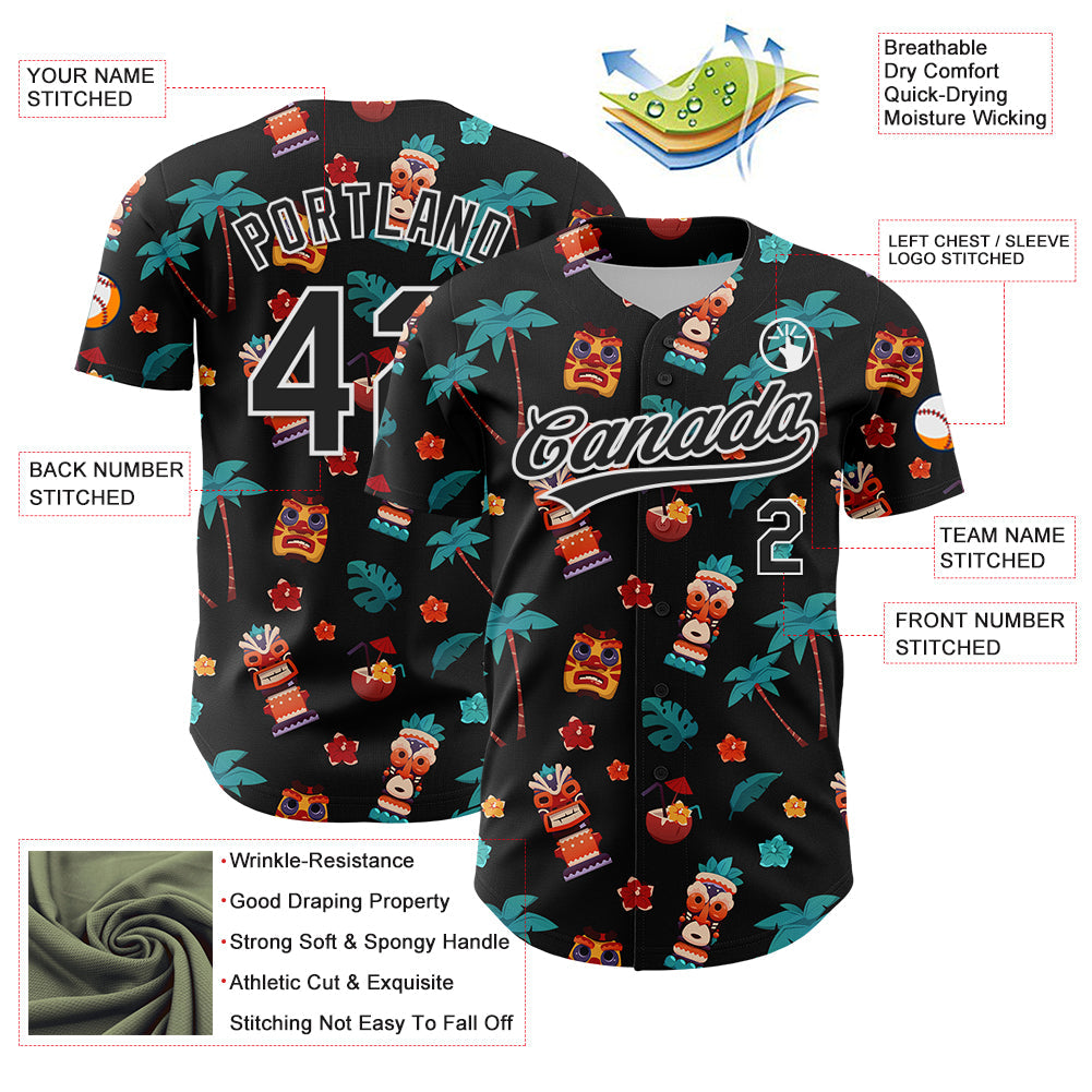 Custom Black White 3D Hawai Tropical Palm Tree Flower And Tiki Mask Authentic Baseball Jersey - Sky-Custom
