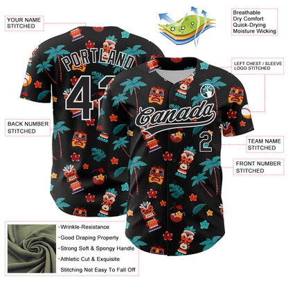 Custom Black White 3D Hawai Tropical Palm Tree Flower And Tiki Mask Authentic Baseball Jersey - Sky-Custom