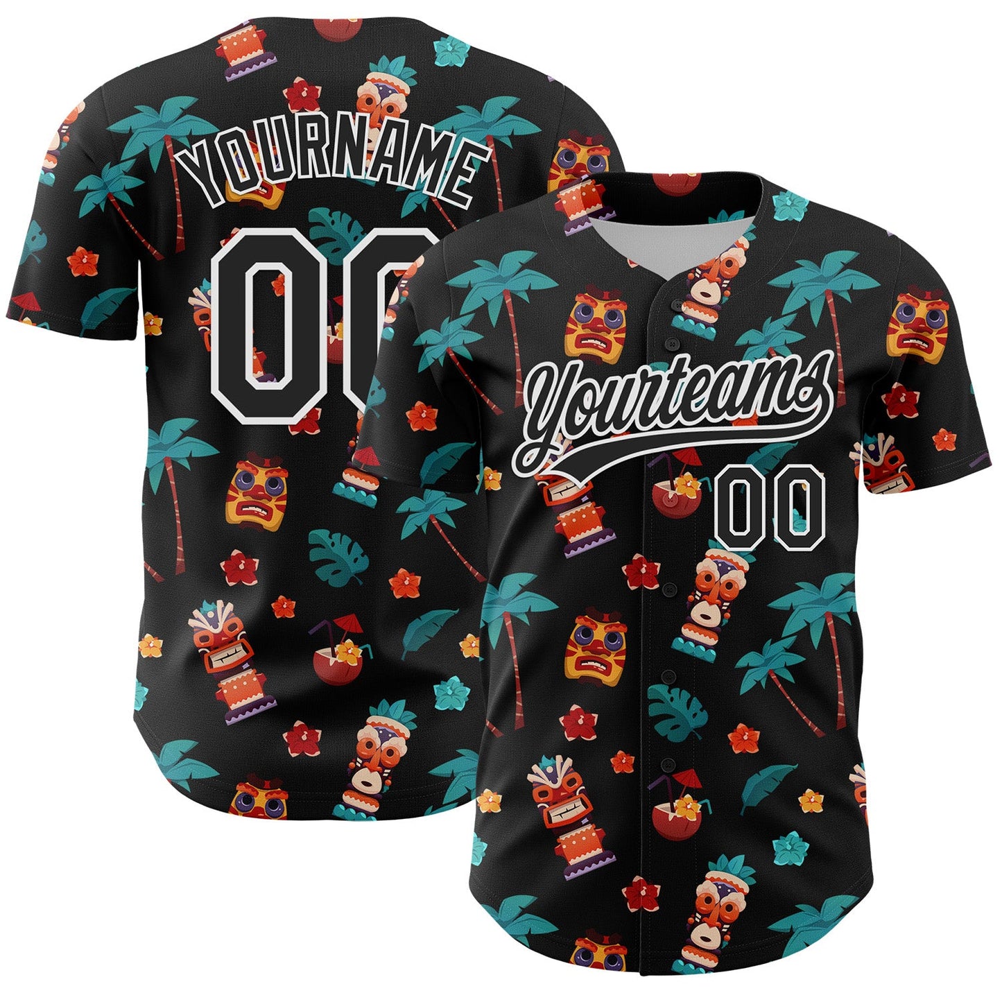 Custom Black White 3D Hawai Tropical Palm Tree Flower And Tiki Mask Authentic Baseball Jersey - Sky-Custom