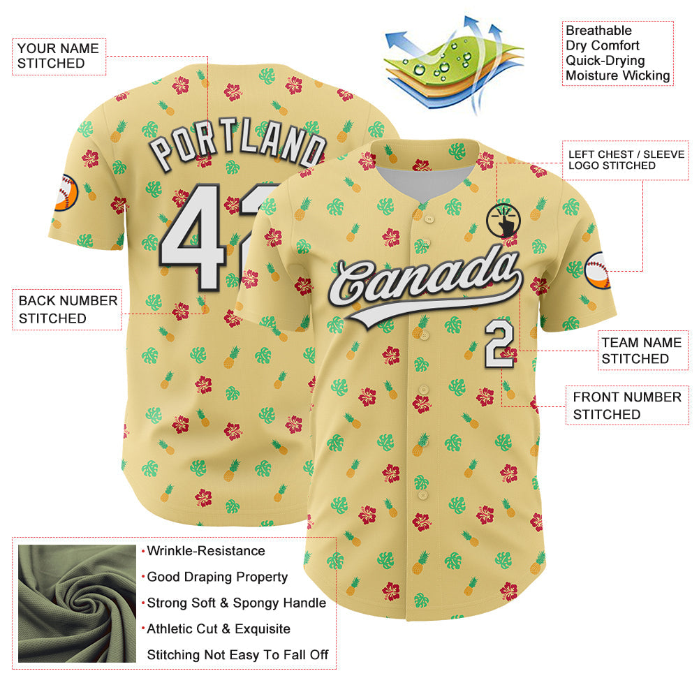 Custom Yellow White-Black 3D Hawaii Tropical Palm Leaves And Fruit Pineapple Authentic Baseball Jersey - Sky-Custom