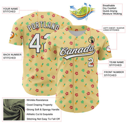 Custom Yellow White-Black 3D Hawaii Tropical Palm Leaves And Fruit Pineapple Authentic Baseball Jersey - Sky-Custom