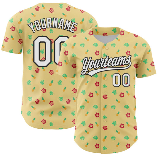 Custom Yellow White-Black 3D Hawaii Tropical Palm Leaves And Fruit Pineapple Authentic Baseball Jersey - Sky-Custom