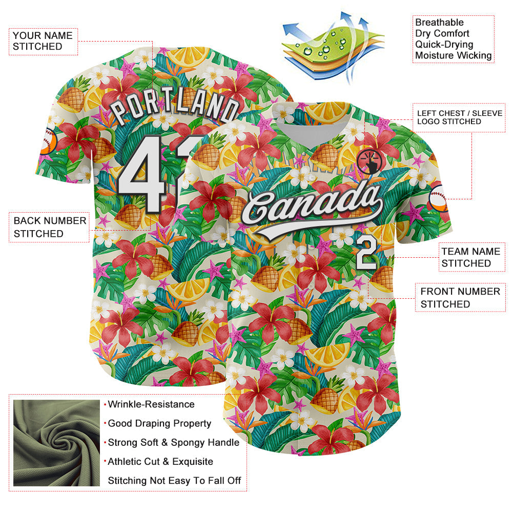 Custom Yellow White-Black 3D Hawaii Tropical Palm Leaves Flower And Fruit Pineapple Authentic Baseball Jersey - Sky-Custom